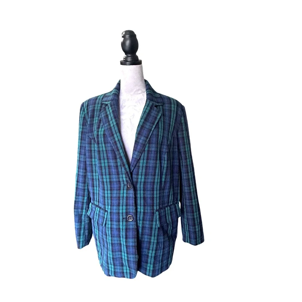 Vintage 80's Retro Roaman's Plaid Blazer Jacket Blue Green Career‎ Casual 16W